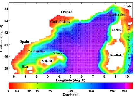 Fig. 1 The Northwestern Mediterranean Sea Model Domain and Bottom Topography based on the U.S