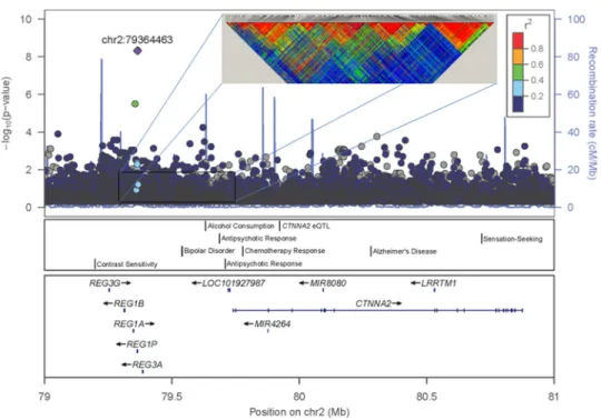 Figure 2. Evidence for association between variants in the CTNNA2 region and impulsivity Regional plot surrounding the CTNNA2 gene of the -log 10  p-values for the tests of 