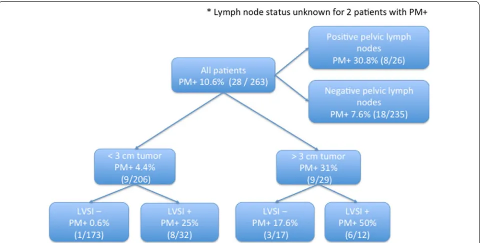 Fig. 3 Flow chart of risk of parametrial involvement. PM+/− parametrial status, LVSI lymphovascular space invasion