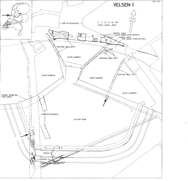 Fig.  1.  Velsen  1,  situation  and  features,  period  1  and  2. 