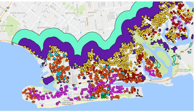 Figure 1. Southern Brooklyn. The different risk changes and the idea of a buffer zone to define the control group