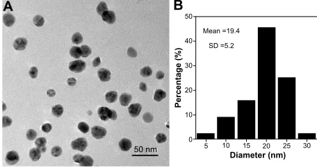 Figure 1 Morphology and size of the silver nanoparticles. (A) Transmission electron microscopic image of silver nanoparticles dispersed on a transmission electron microscopy copper grid