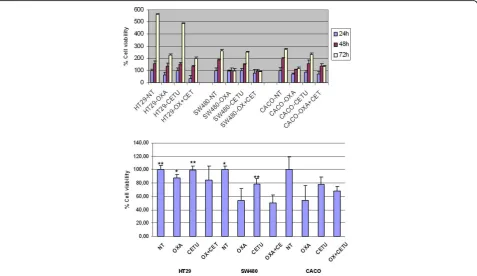 Figure 1 HT-29, SW-480 and Caco-2 viability assay. (A) Viability assay at 24, 48 and 72 hours