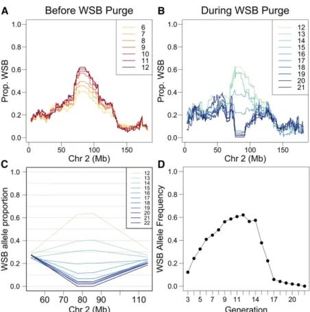 Figure 1 Progression of the selective sweep and purge of the WSB allele at the R2d2 locus