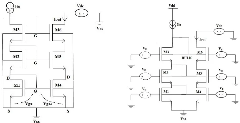 Fig.  6(a) triple cascode current mirror    Fig.  6(b) Bulk-driven triple cascode current mirror 