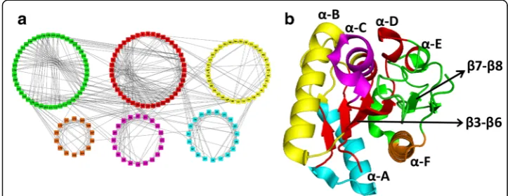 Fig. 6 Community structure analysis of the wild-type (WT) PCN. (a) Six major communities in WT; (b) Three-dimensional structure of the WT Lipase A
