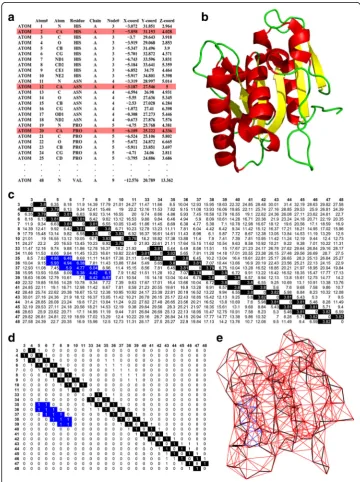 Fig. 1 Construction of the Protein Contact Network of Lipase A. (sponding Adjacency matrix; (a) Crystallographic coordinates of allatoms of the first 3 amino acids in the protein chain