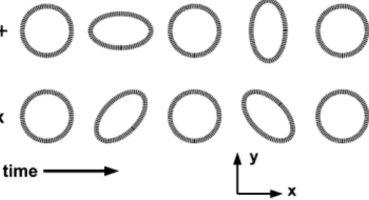 Figure 1.1. The effect of a gravitational wave on a ring of particles. The wave is traveling in the z-direction (perpendicular to the page)