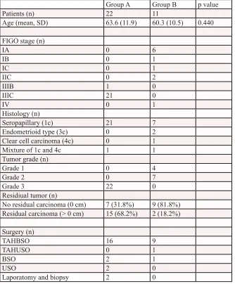 Table 1: Patient, tumor and surgery characteristics of the two subgroups. 