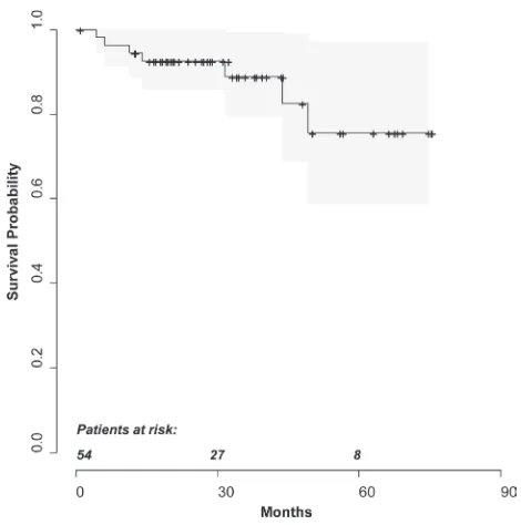 Figure 1: Kaplan-Meier curve depicting estimated overall survival probabilities. Shaded area indicates the 95% confidence interval for the survival function