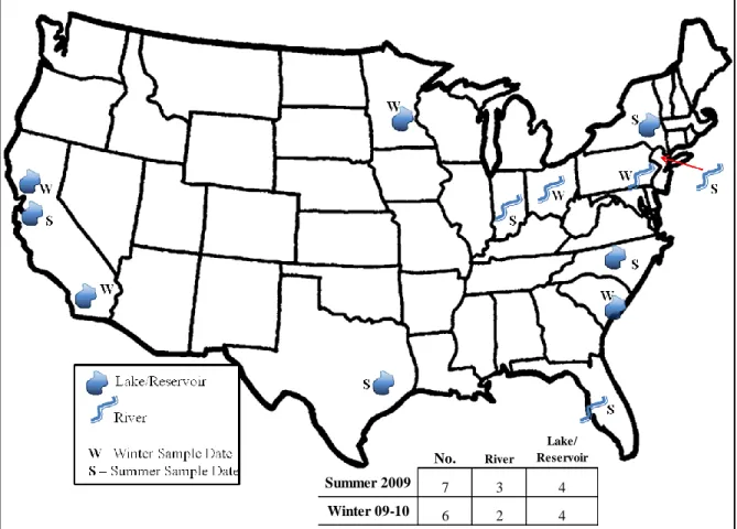 Figure 4.1:  Approximate geographic location and sampling period of selected raw drinking waters