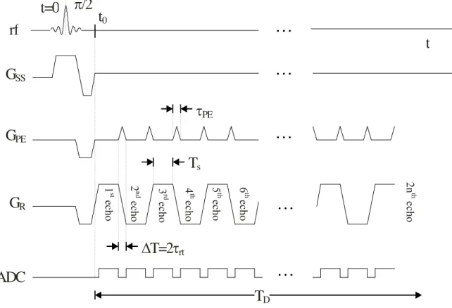 Figure 3.5: An EPI sequence showing the phase encoding and read gradient waveforms.