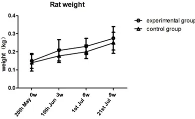 Figure 1. The trend graph of rat weight is shown in two group, high fat diet group and normal diet group.
