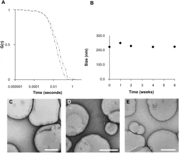 Figure 3 long-term stability of Ps-containing QDs.Notes: (A) Fcs auto-correlation curve of Ps-containing QDs at day 1 (dot-dashed lines) and Ps-containing QDs at week 6 (double dot-long dashed lines); (B) average particle size determined by Dls over 6 week