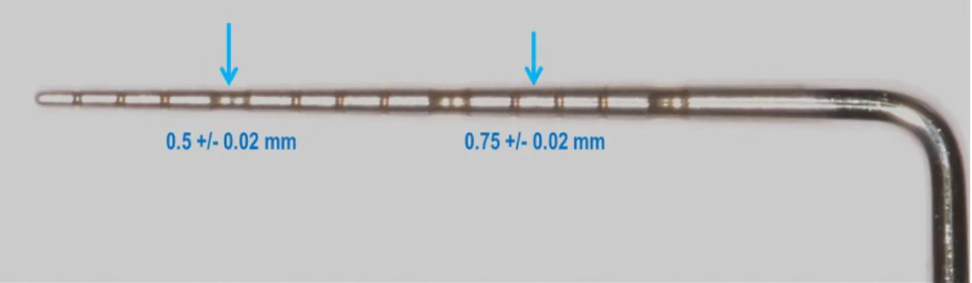FIGURE 2.1- The mean diameter of the UNC 15 probe  at the 4-5 mm mark was 0.5 +/- +/-0.02 and 0.75  +/-+/-0.02 at the 11-12 mm mark