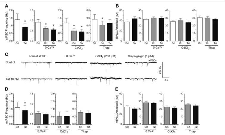 FIGURE 4 | Extracellular and intracellular calcium contribute to the significant Tat (10 nM) effects on the mean frequency of IPSCs