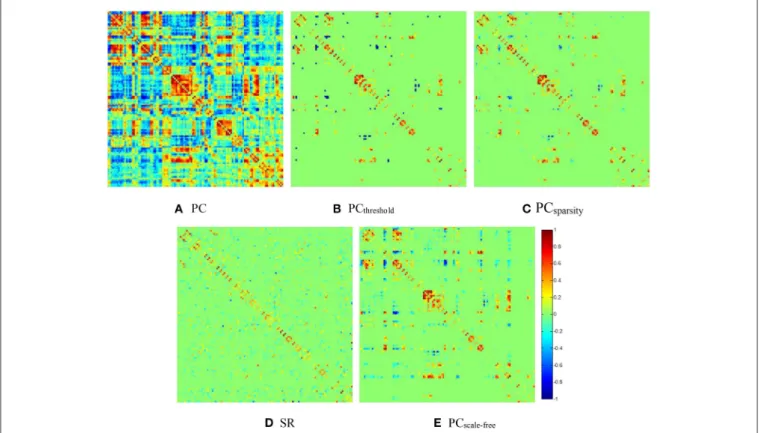 FIGURE 2 | The FBN adjacency matrices of a certain subject, constructed by different methods