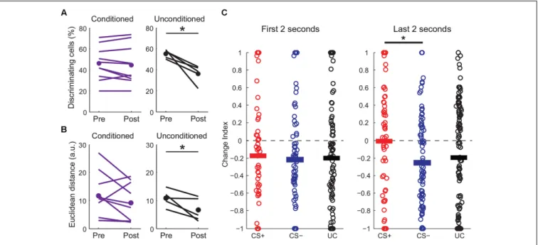 FIGURE 5 | Fear conditioning modulates CS+ and CS– sensory representations. (A) Fraction of discriminating cells decreases in unconditioned (paired t-test, p = 0.016) but not in conditioned mice (two-sample t-test, p = 0.47)