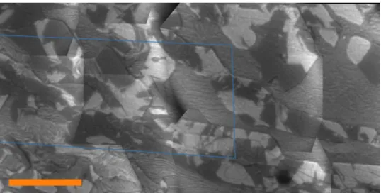 Figure 5.4: Stitched Dark Field overview of EG sample taken at E 0 = 20.7 eV. In- In-dicated in blue is the area shown in BF in Figure 5.1
