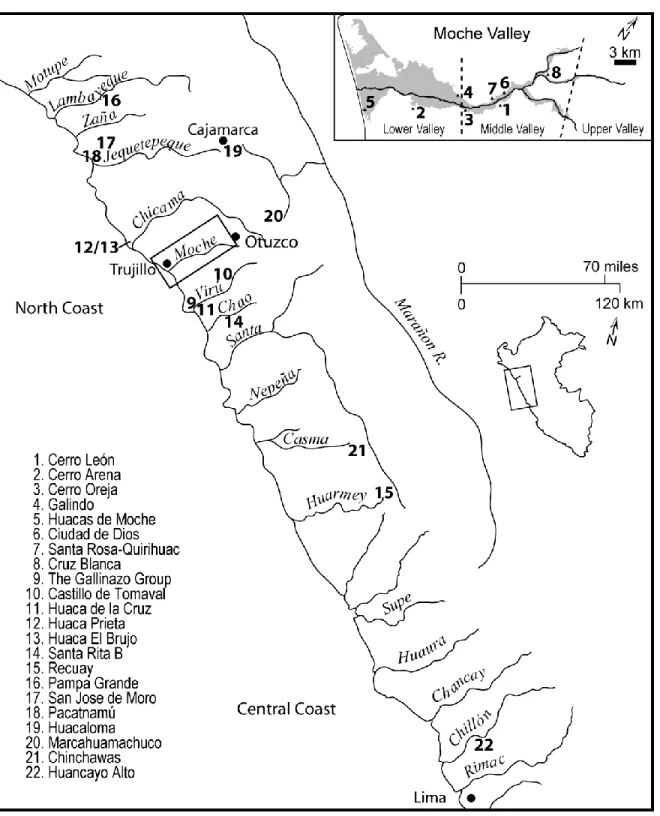 Figure 3.1.1. The north and central coast of Peru with sites discussed in Chapter 3. 
