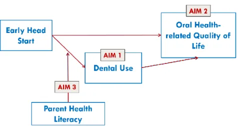 Figure 2.2. Conceptual model on the relationship between Early Head Start, parent-reported  dental use, oral health–related quality of life, and parent health literacy