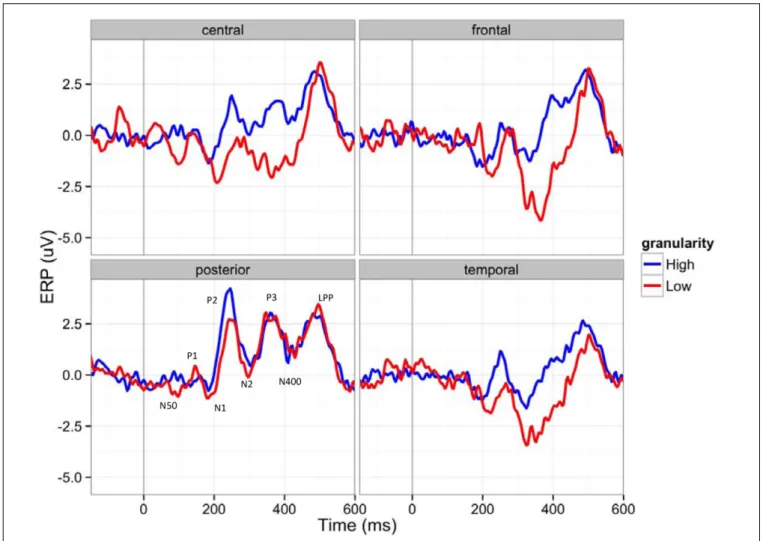 FIGURE 4 | Event-related potentials (ERP) waveforms of participants with higher (over 1 SD) and lower (under 1 SD) granularity (for demonstration purposes) in four brain regions (C: central, F: frontal, P: posterior, T: temporal): The 150 ms pre-stimulus p