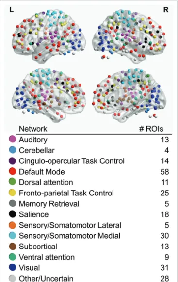 Figure 1), including auditory (AU), cerebellar (CE), cingulo- cingulo-opercular task control (CO), default mode (DM), dorsal attention (DA), fronto-parietal task control (FP), memory retrieval (ME), salience (SA), lateral sensorimotor (SML), medial sensori