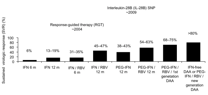 Figure 3 Milestones of therapy for chronic HCv infection.Abbreviations: HCv, hepatitis C virus; PeG-IFN, peginterferon alfa; IFN, interferon alfa; SNP, single nucleotide polymorphism; RBv, ribavirin; m, months.