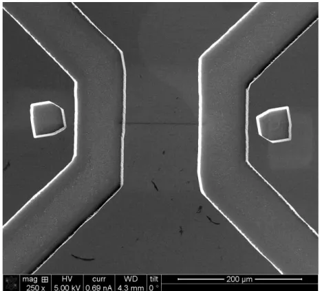 Figure 2.9 Zoomed out SEM of nano flight tube between access microchannels in a  silicon wafer