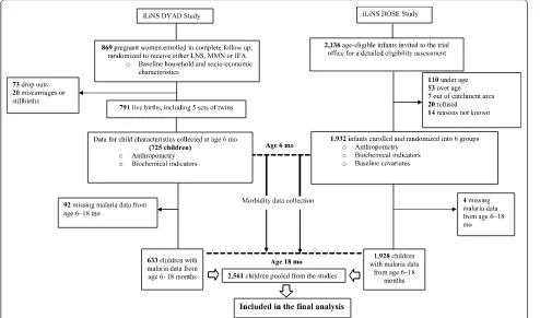 Fig. 1 Flow chart of the children enrolled and included in the final analysis. The figure shows the number of children enrolled, children lost to follow up, and children who were eventually included in the analysis from the iLiNS DOSE and iLiNS DYAD-M cohorts