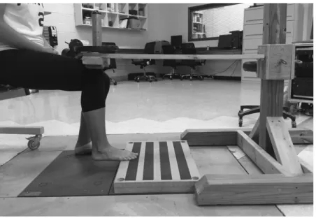 Figure 4.3: Triceps surae muscle stiffness perturbation device and set up with hip, knee, and ankle at  90 degrees and perturbation lever parallel with ground