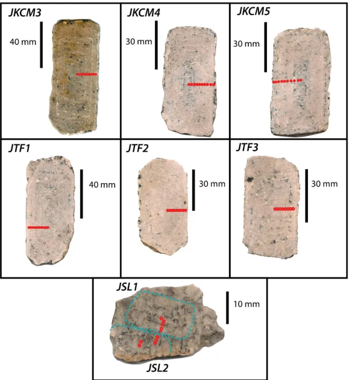 Figure 4: Sections of K-feldspar megacrysts samples in this study. All samples come from the  Kcp of the TIS