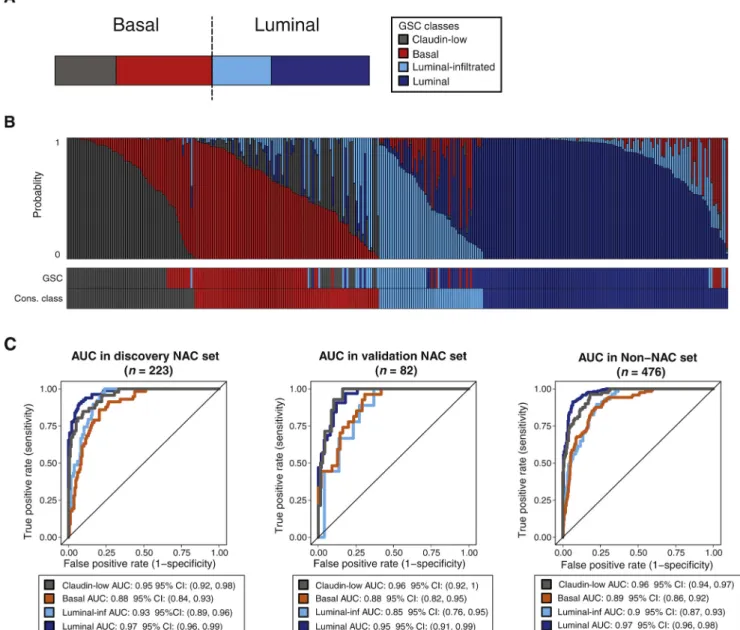 Fig. 3 – Discovery and validation of the GSC. (A) Proposed GSC bladder cancer classes derived from a consensus of four models (UNC, MDA, TCGA, and Lund)