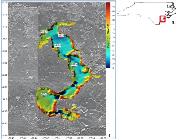 Figure 1. a. North Carolina map with NRE indicated by red box. b. Bathymetry map from  NAVD88 shows coring locations of sites with reported data indicated by red dots