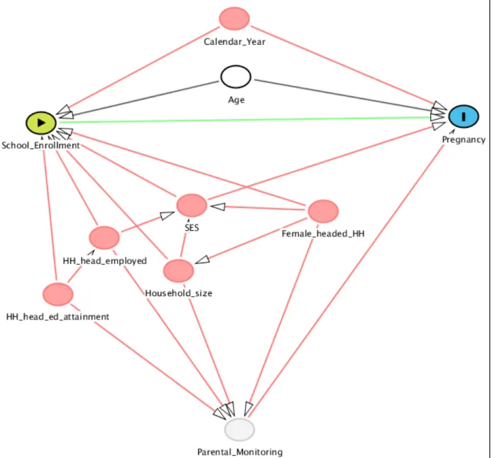 Figure 3.2: Directed acyclic graph depicting the hypothesized relationship between school  enrollment and pregnancy