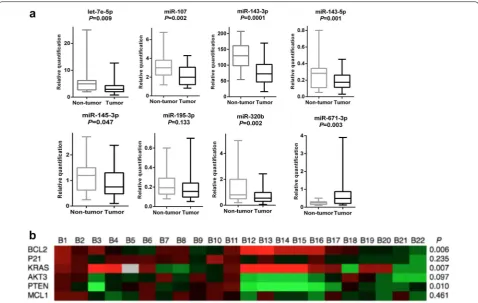 Fig. 3 Validation of a miRNA and b mRNA expression profiles in additional 22 pairs of PCa tumor and non‑tumor tissues of Bedouin patients