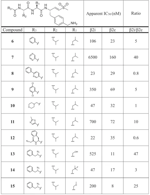 Table 1. Chemical Structures of Compounds 4, 6 −36 and Their Inhibitory Activity (Apparent IC 50 Values) against β2c and β2i (Determined by Competitive ABPP) a