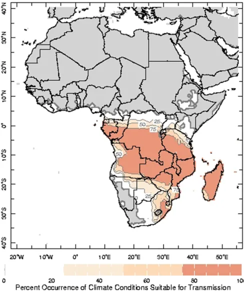 Figure 3malaria transmission during 1951–2000A single frame (January) of the 12-month animation of the percent occurrence of climate conditions which are suitable for A single frame (January) of the 12-month animation of the percent occurrence of climate conditions which are suitable for malaria transmission during 1951–2000.
