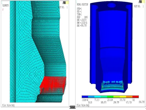 Fig.10 show the meshed solid model of a valve body with a applied force of F/8 on the seat area and analysis results of a valve body respectively