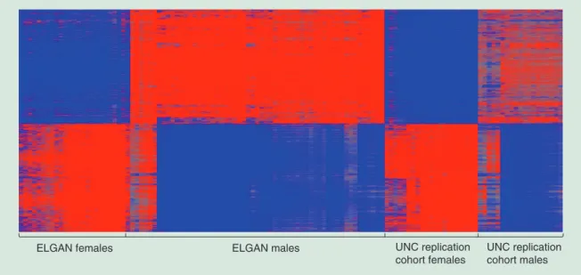 Figure 2. Heatmap displaying the 2745 validated sexually dimorphic probes. Red represents increased methylation  in males relative to females and blue represents decreased methylation in males relative to females