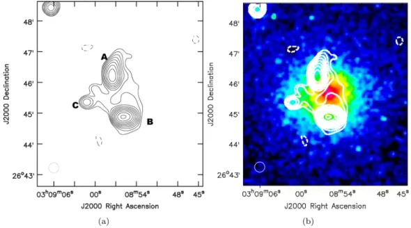 Figure 4. MACSJ0308.9 +2645. (a) GMRT 610 MHz (a resolution of 20 arcsec × 20 arcsec) contours and (b) GMRT 610 MHz contours on Chandra X-ray image