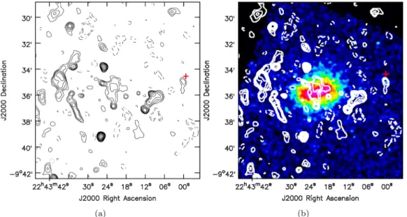 Figure 5. MACSJ2243.3 −0935. (a) GMRT 610 MHz contours (a resolution of 20 arcsec × 20 arcsec) for a larger region around the core of the cluster and (b) GMRT 610 MHz contours on Chandra X-ray image for the central halo region