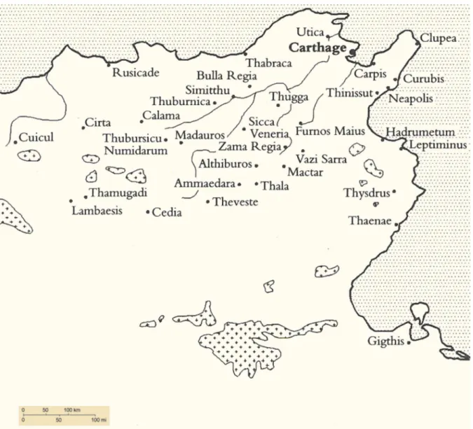 Figure 1. Map showing locations of Cuicul and Thamugadi, in J. B. Rives 1995, xvi: Map 3