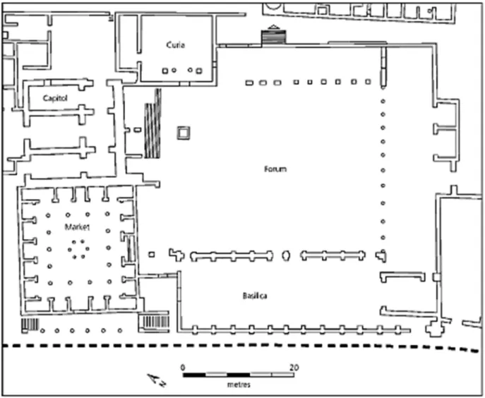 Figure 3. Cuicul: plan of the forum and its associated structures. The laying out of the forum,  the construction of the capitolium, and the ‘market of Cosinius’ are all mid-second century, 