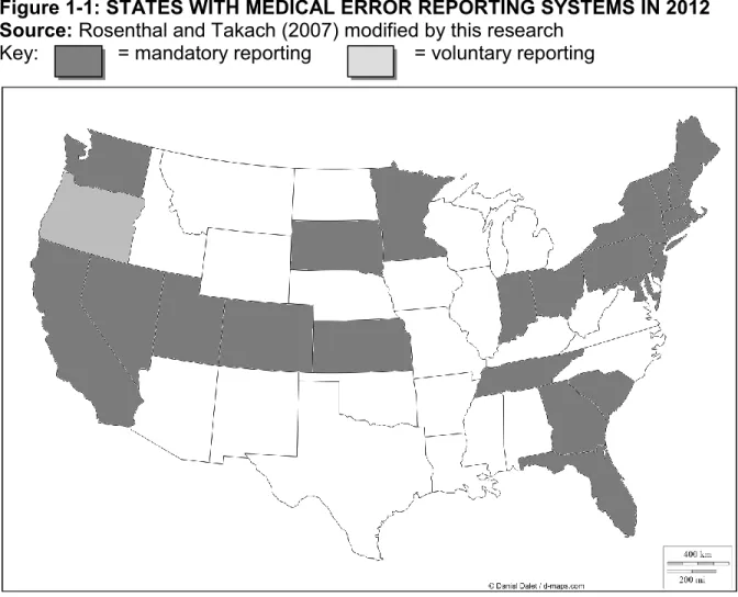 Figure 1-1: STATES WITH MEDICAL ERROR REPORTING SYSTEMS IN 2012  Source: Rosenthal and Takach (2007) modified by this research 