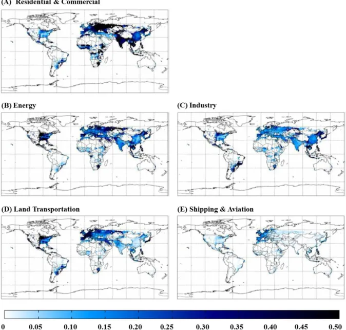 Figure 5. Impact of removing emissions from each sector on premature PM 2.5 -related mortality [ischemic heart  disease (IHD) + stroke + chronic obstructive pulmonary disease (COPD) + lung cancer (LC)] in each region and  globally, relative to the total bu