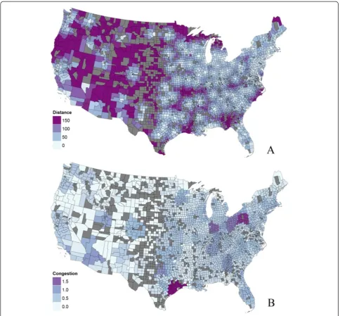 Fig. 4 Optimization results for patient cost of potential access. (a) Distance, and (b) Congestion
