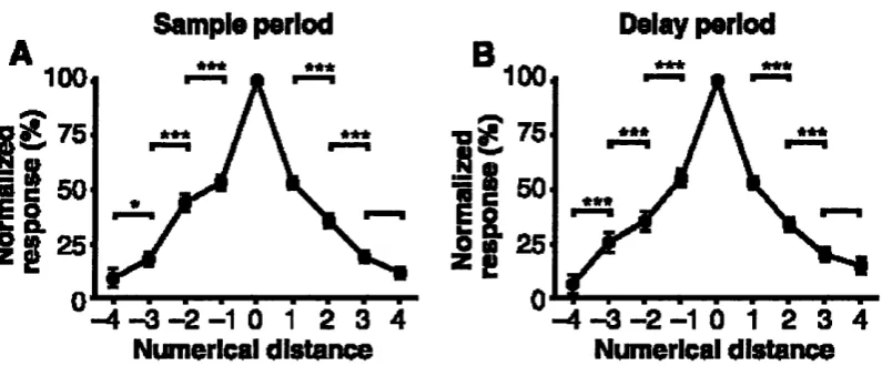 Figure 1.4 Normalised spike rate during sample (A) and delay (B) as a function of the numerical distance from the preferred umber of items