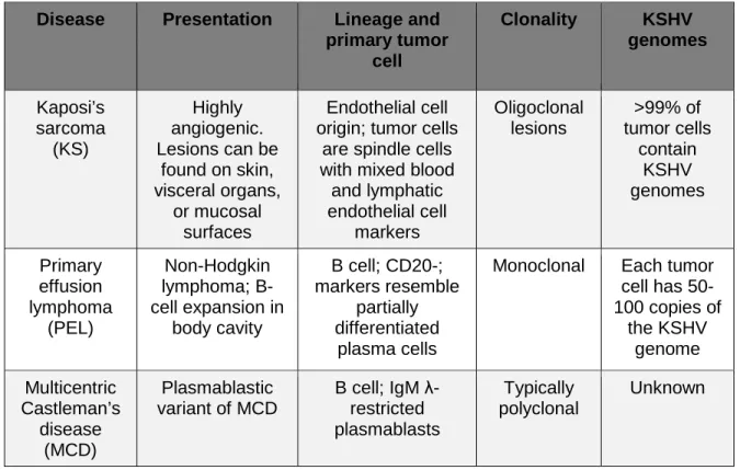 Table 1.1: Characteristics of KSHV-associated malignancies 