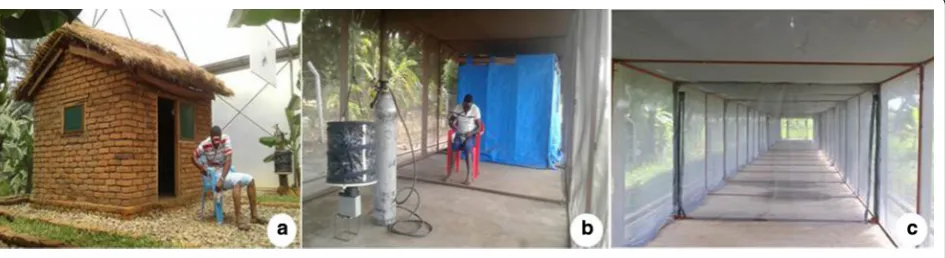 Fig. 1 Pictorial illustration of the semi-field chambers and the mosquito tunnel. The semi-field chambers were used to evaluate the different configuration of push-and-pull subunits (a)